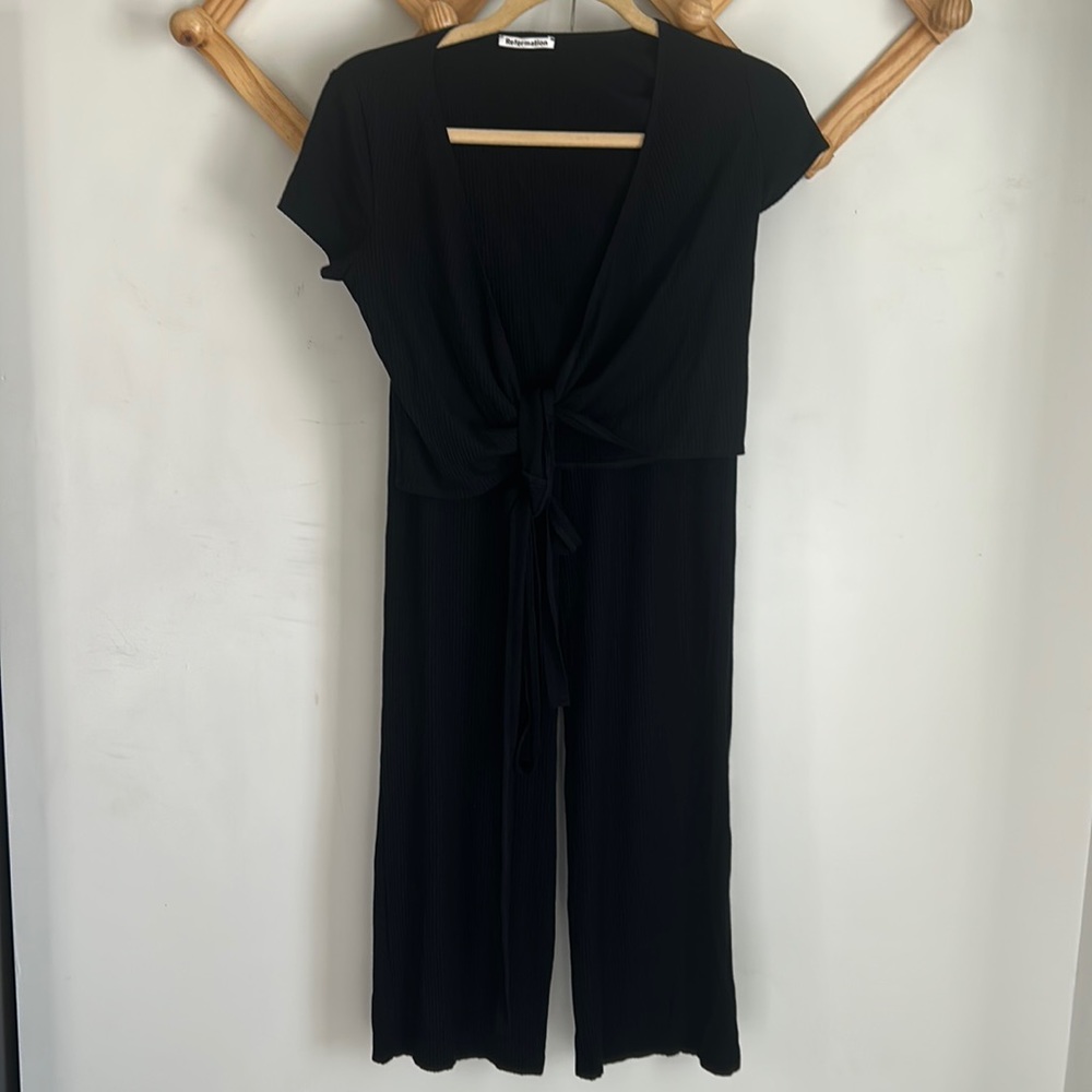 Reformation Flora Black Ribbed Two Piece Set Wrap Top